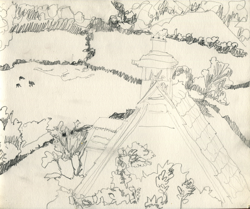 Slad Valley - rooftop, trees & fields, pencil on paper