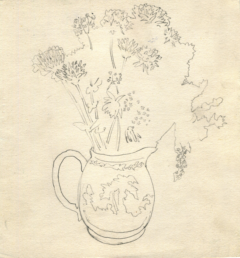 Flowers in a vase, pencil on paper