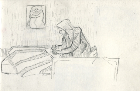 Tobin drawing in his Milan studio, pencil on paper